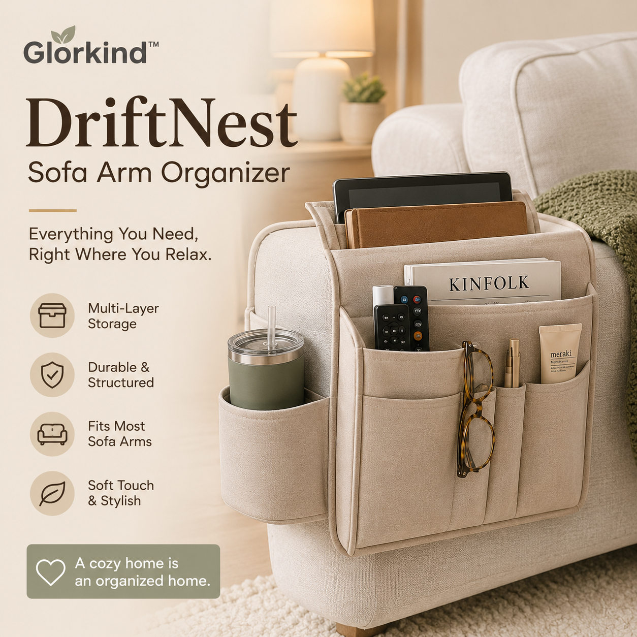 Glorkind™ DriftNest Sofa Arm Organizer